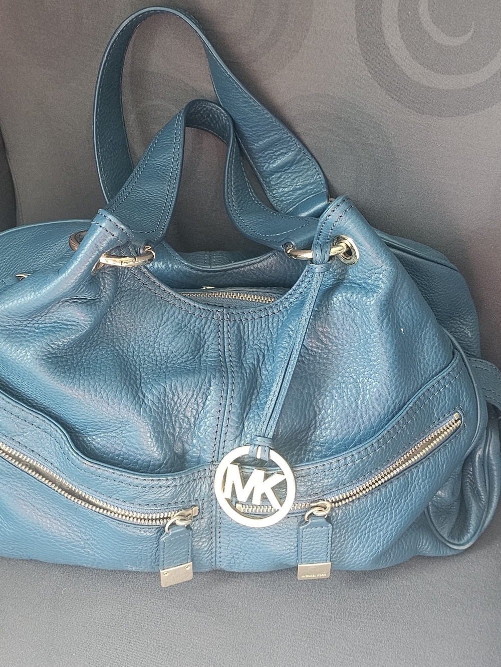 Michael Kors Blue Pebbled Leather Satchel | Gold Hardware | MK Charm | Large